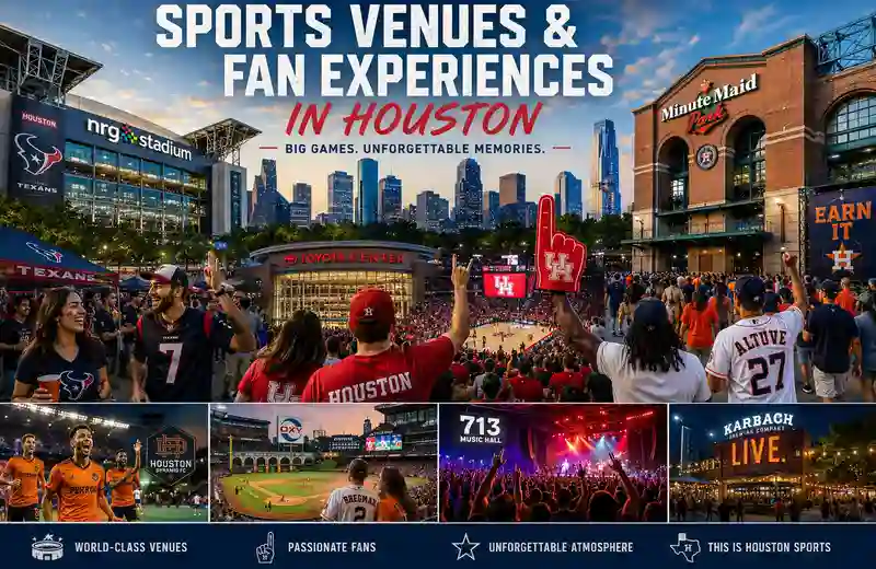 Fans enjoying football, basketball, baseball, and soccer events outside major Houston sports venues including NRG Stadium, Toyota Center, and Minute Maid Park during an exciting game-day atmosphere in Houston.
